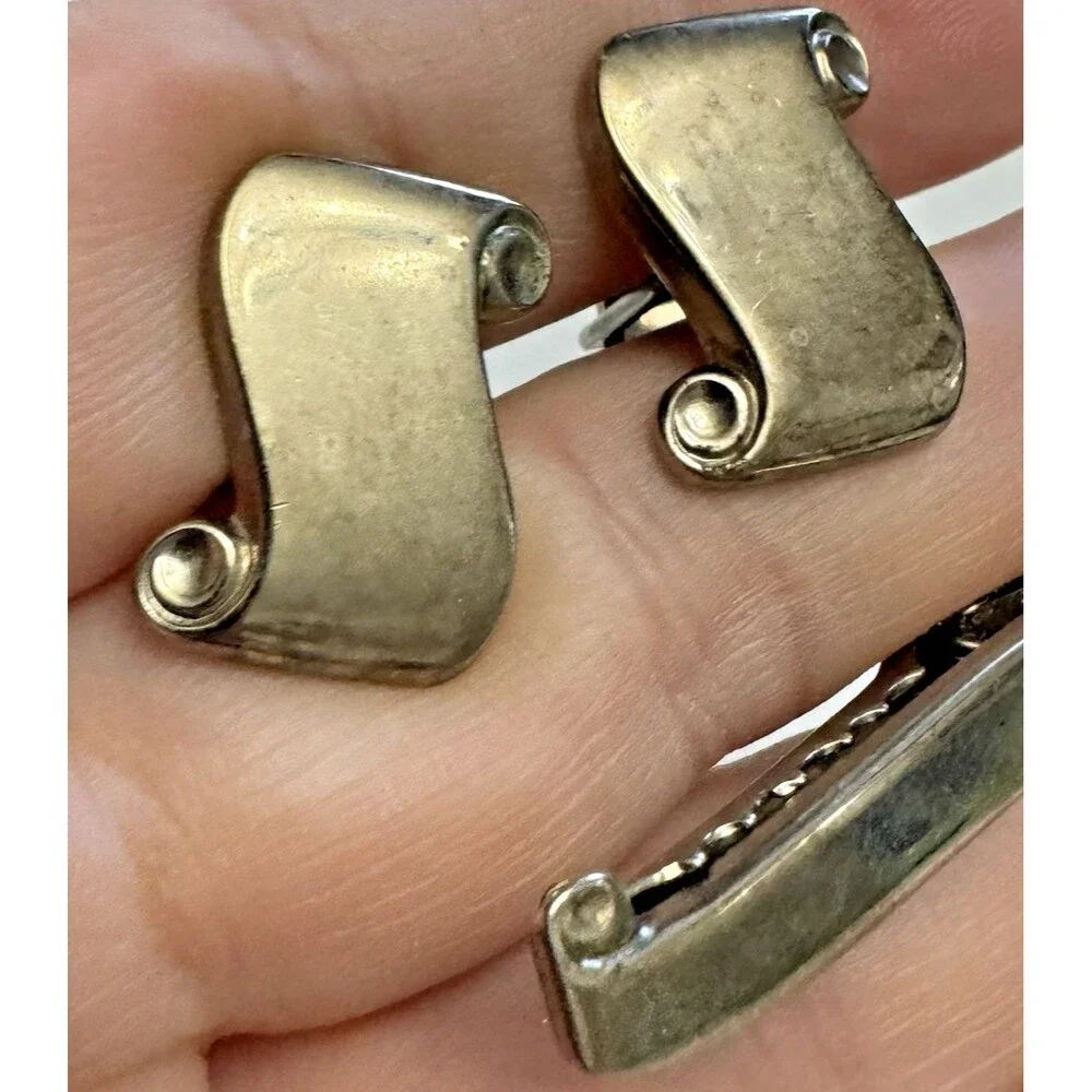 Vintage Silver Tone Cufflinks & Tie Clip Set Scroll Design Men’s Formal